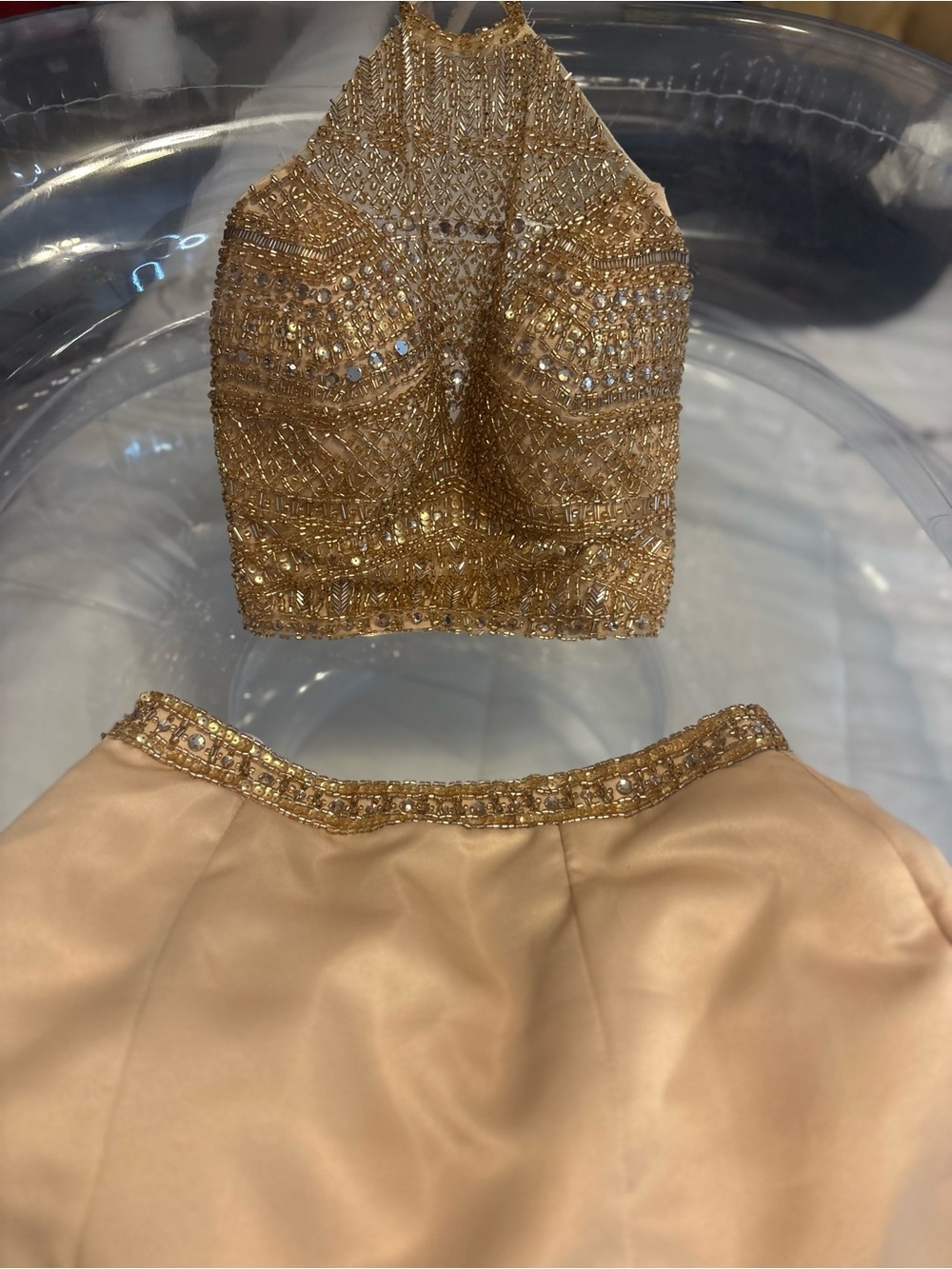 Rachel Allan Gold Beaded Two-Piece Evening Dress